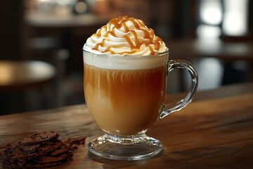 Caramel Latte with Whipped Cream in a Glass Mug on a Wooden Table
