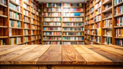 Obraz premium Empty wooden table top surrounded by blurry bookshelves in a bookstore