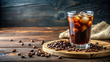 Cold brew coffee and coffee beans in a glass on a wooden board with natural lighting