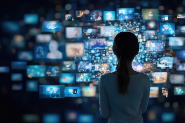 Woman Connecting to Animated Stream Of Content. Visualization Browsing Metaverse Big Data with Viral Videos, Social Media Profiles with Influencers, and Internet