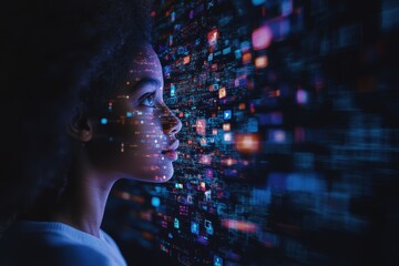 Woman Connecting to Animated Stream Of Content. Visualization Browsing Metaverse Big Data with Viral Videos, Social Media Profiles with Influencers, and Internet