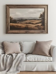 Cozy and inviting farmhouse living room with a reclaimed barn wood frame showcasing a peaceful landscape painting  Soft natural lighting a comfy sofa