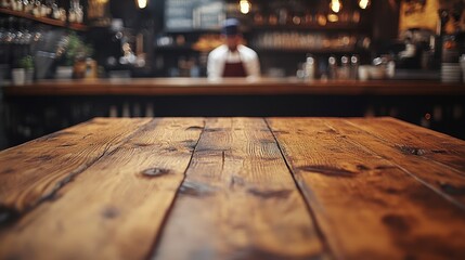 Close-Up of Old Wooden Table in a Bar or Cafe with Blurred Background of Young Chef Cooking at the Counter – Vintage Color Grading and Rustic Interior Ambiance


