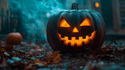 Spooky Jack-o'-Lantern: A grinning jack-o'-lantern glows ominously in the fading light, its carved face illuminated by a flickering candle.  The  surrounding  fall foliage and wispy smoke add to the e