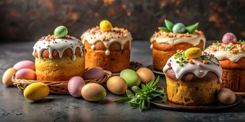 Obraz premium Happy Easter card featuring various delicious easter cakes on a dark textured background