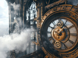 Obraz premium A clock with a large face and a small hand. The clock is surrounded by smoke and the sky is cloudy