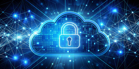 A digital depiction of a cloud with a lock in the center symbolizes cloud security. Surrounding the cloud are interconnected lines and blue lights, suggesting a networked environment. AI generated.