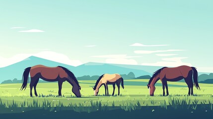Fototapeta premium A serene landscape featuring three horses grazing in a lush green field under a clear blue sky and gentle mountains in the background.