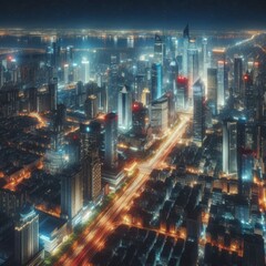 Fototapeta premium A top-down view of an advanced futuristic city, with skyscrapers and streets illuminated by neon lights. The intricate layout of the city, combined with its glowing architecture, creates a stunning