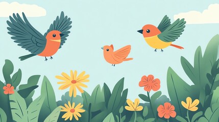 Three colorful birds play among vibrant flowers under a blue sky, creating a cheerful and lively spring scene.