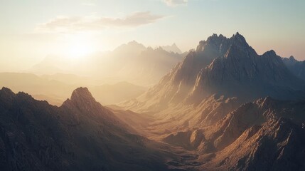 Majestic Sunrise in Mountain Landscape with Dramatic Shadows and Rugged Terrain Textures