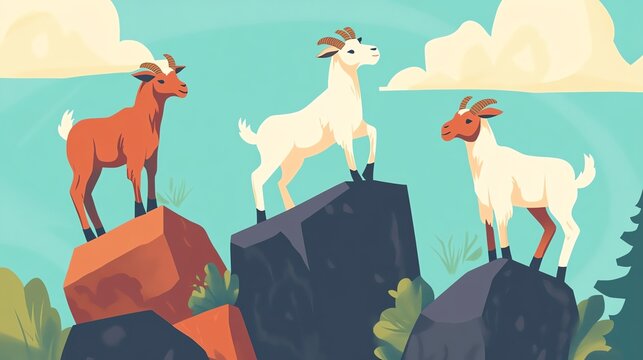 Three goats standing proudly on rocks against a colorful background, showcasing their playful and adventurous nature.