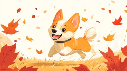 Obraz premium A cheerful corgi puppy joyfully running through colorful autumn leaves in a whimsical and charming illustration.