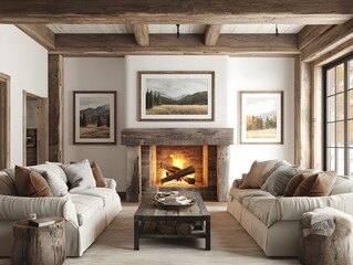 Cozy and inviting farmhouse style living room interior with weathered wooden beams plush upholstered furniture rustic fireplace and framed landscape artwork showcasing a warm and welcoming ambiance