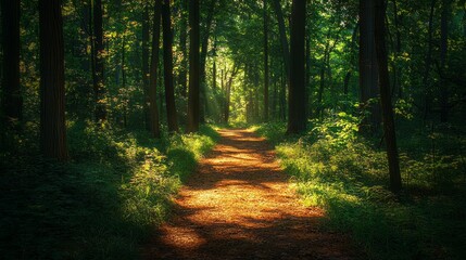 Serene Forest Path Blanketed in Dappled Sunlight and Leaf Shadows, Creating Tranquil Atmosphere