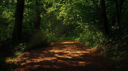 Obraz premium Serene Forest Path Bathed in Dappled Sunlight with Intriguing Leaf Shadows Pattern on Ground