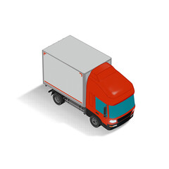 3D Isometric Cargo Truck Illustration – Modern Red Cabine and White Van Delivery Vehicle Design for Logistics and Transport