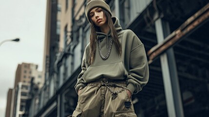 Streetwear fashion with a model in a hoodie, cargo pants, and sneakers, accessorized with a beanie and a chain necklace, reflecting urban style