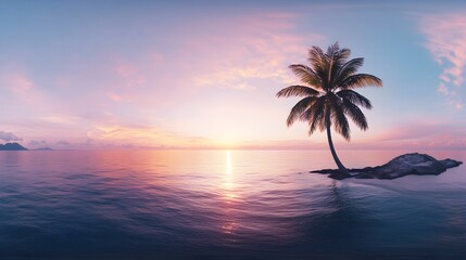 Tropical island with a palm tree at sunset, shown as a 360-degree HDRI panorama.