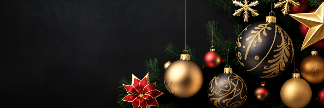 Magical Merry Christmas and Happy New Year background with snow-covered trees, festive ornaments, and twinkling lights, creating a joyful and enchanting holiday season atmosphere