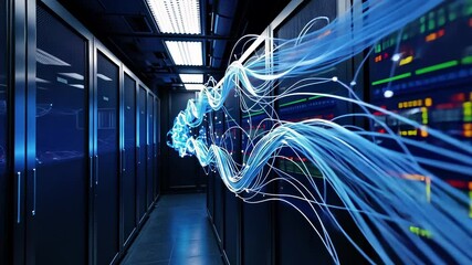 Futuristic server room data center. Network with digital technology, computer cloud storage system, database backup service, global internet connectivity, information security, abstract web computing. - Powered by Adobe