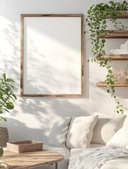 Cozy and inviting farmhouse style living room with reclaimed wood shelving trailing plant decor and a comfortable seating area  Warm and natural atmosphere with a modern touch
