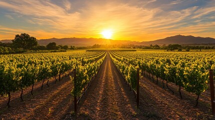 Fototapeta premium Majestic Sunset Over Vineyard with Rows of Grapevines Casting Shadows on Ground