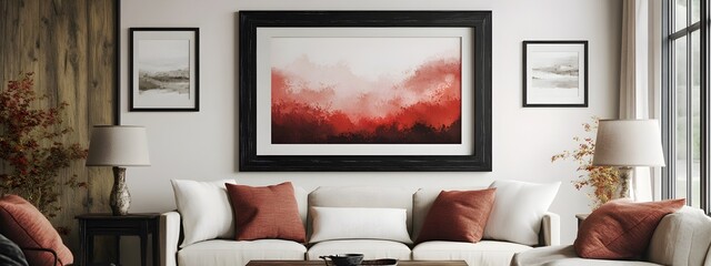 Cozy and inviting living room design featuring a comfortable sofa warm toned accent pillows and a stunning framed landscape artwork depicting a serene autumnal forest scene