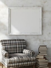 Cozy and inviting living room interior with a plaid upholstered armchair a stack of books and minimalist wall decor  The space exudes a peaceful relaxing atmosphere perfect for reading studying