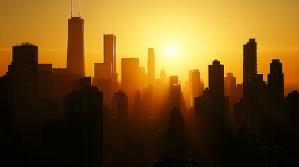 Naklejka premium Serene Sunrise Cityscape: Dramatic Contrast of Dawn Light on Urban Silhouettes