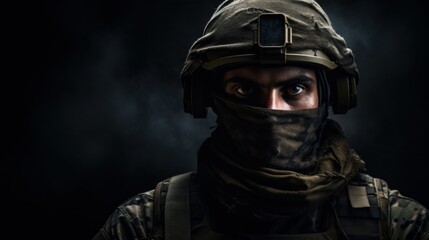 Naklejka premium A person stares intensely wearing tactical gear and a helmet, exuding a sense of determination and rugged strength in a dark setting.