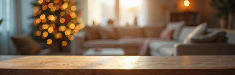 Christmas Bokeh Background: Wooden Table in Front Xmas Blur, Holiday Product Display