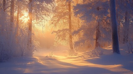 Enchanting Winter Wonderland: Frost-Covered Trees in Serene Landscape with Delicate Sunlit Shadows