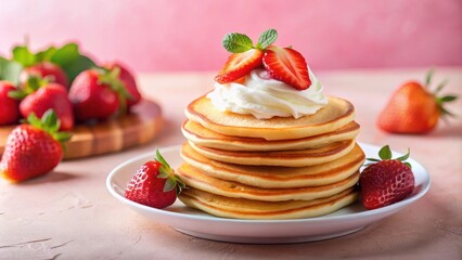 Delicious pancakes topped with fresh strawberries and fluffy whipped cream on a pink background perfect for breakfast or brunch
