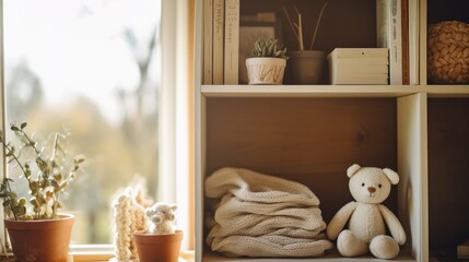 A sunlit nursery shelf adorned with handmade knitted toys, books, and potted plants, creating a warm and welcoming atmosphere for a child's space.