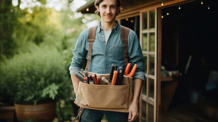 Fototapeta premium A tool belt filled with various tools and gadgets worn by a person, ready for hands-on work, symbolizing readiness, craftsmanship, and practicality.