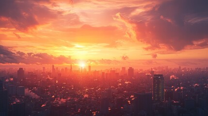 Fototapeta premium Majestic Cityscape Silhouetted Against a Vibrant Sunset Sky