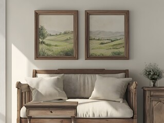 Cozy and inviting rustic farmhouse inspired living space featuring natural wood accents linen upholstery antique side table and a landscape diptych in matching frames