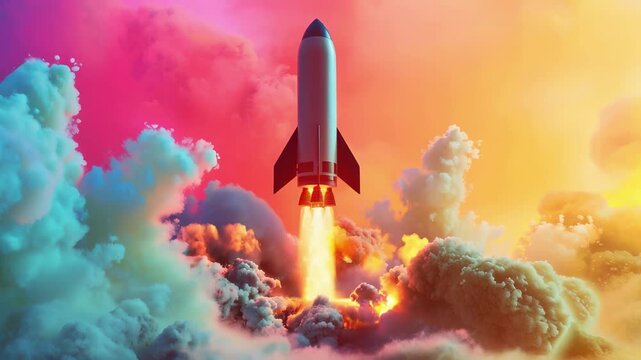 Rocket in sky. Concept success. Launch spacecraft outer space. Journey exploration and innovation. Astronaut flying spaceship. Futuristic technology. Business growth idea.