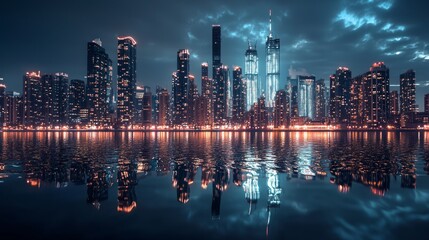 Glowing Cityscape: Dramatic Night View with Illuminated Buildings and Reflections in Water
