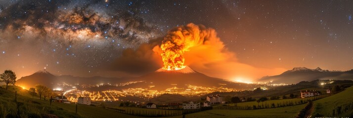 Volcano erupts brilliantly under a starry sky in the quiet town nearby at night