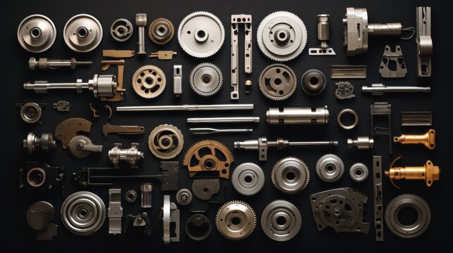 A well-organized array of industrial machine components, neatly arranged and precisely aligned, reflecting high standards of engineering and manufacturing.