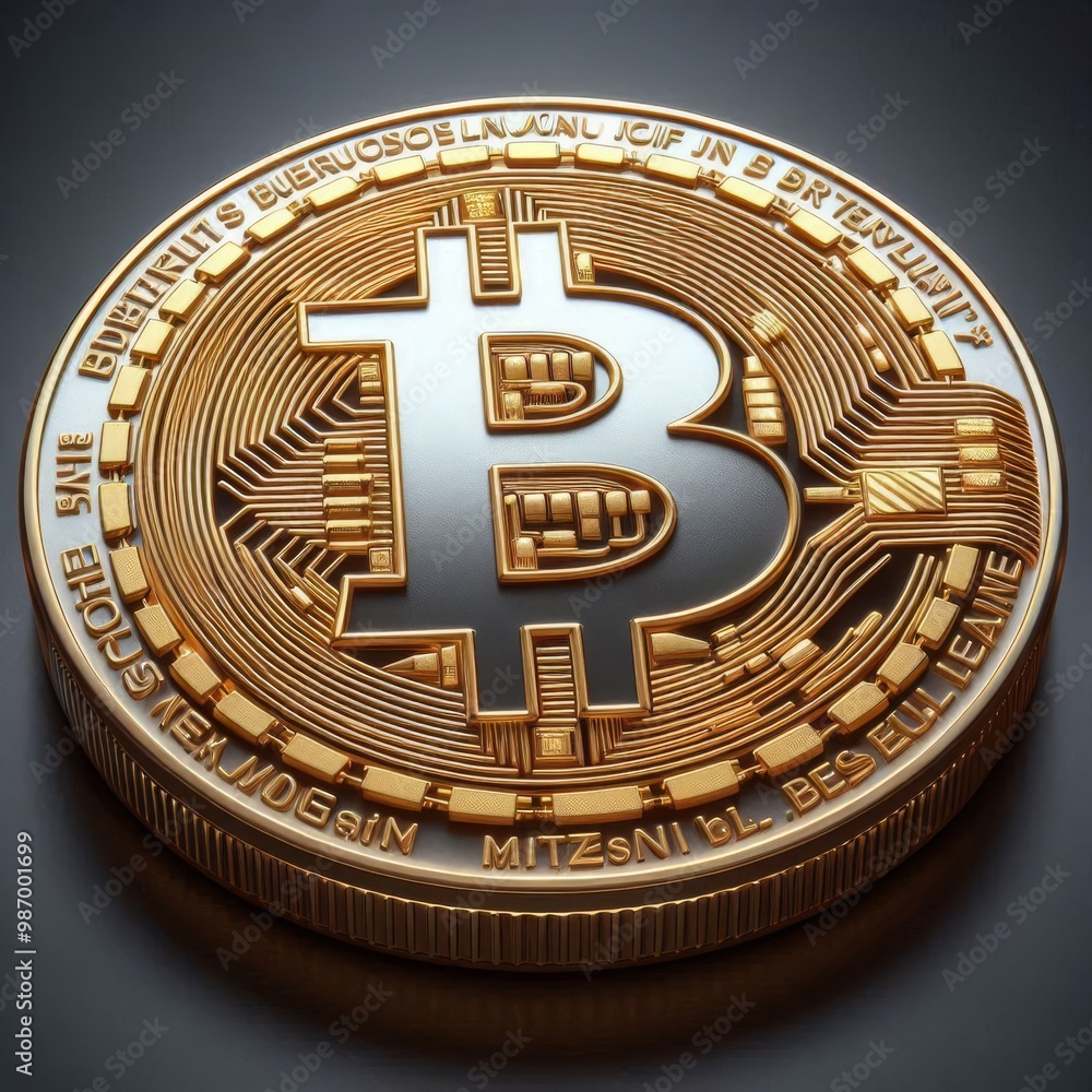 Poster a highly detailed close-up of a bitcoin coin resting on a flat surface, showcasing intricate engravi
