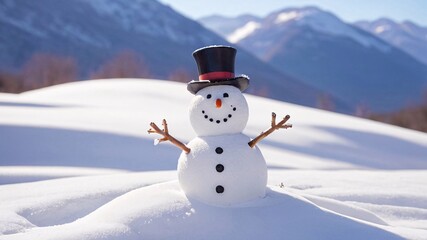 Obraz premium A smiling snowman in a top hat stands in a snowy landscape with a mountain background.