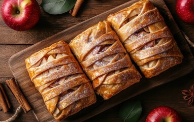 Apple pastries with cinnamon and powdered sugar on wooden board