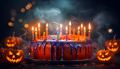 Spooky Halloween-inspired birthday cake with candles and jack-o-lanterns, perfect holiday theme