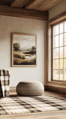 Cozy and inviting rustic living room interior with wooden floor plaid cushions and a landscape painting framed on the wall  Peaceful and comfortable home decor in a countryside cottage setting