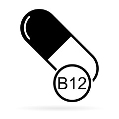 Vitamin B12 icon shadow, healthy medicine pill supplement symbol, complex mineral vector illustration