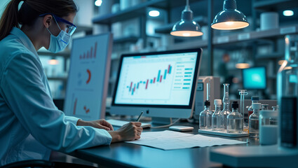 A focused scientist in a lab analyzes data on a computer while taking notes. This image is perfect for educational materials, scientific publications, and promoting research in data analysis