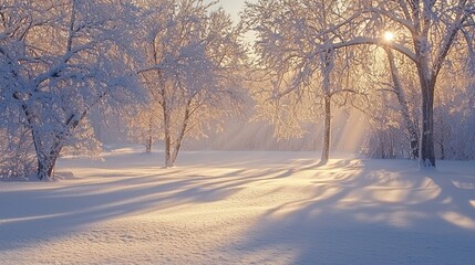 Obraz premium Tranquil Winter Wonderland: Snow-Covered Trees Basking in Low Sunlight's Shadows